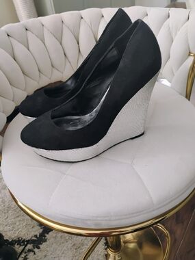 Black Suede Wedge Pumps with Silver Textured Wedge